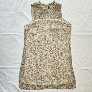 Massini Womens M Beige Floral Smocked Shift Dress Sleeveless Keyhole Button Back